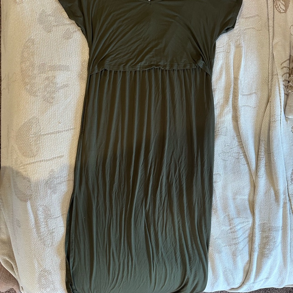 Maternity/nursing Olive Green V-Neck Maxi Dress with Empire Waist